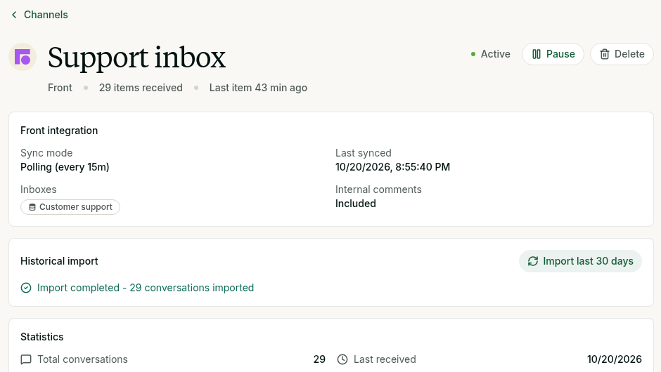 A Front channel page in Reos: polling every 15 minutes from the Customer support inbox, with a completed import of 29 conversations