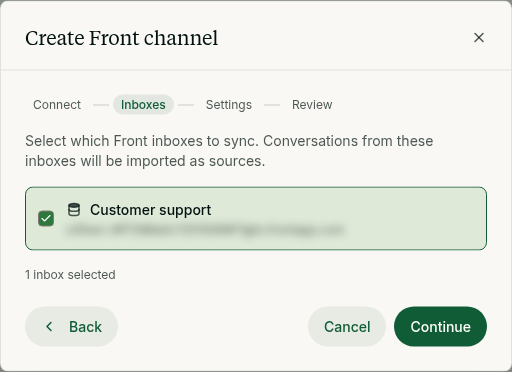 The Inboxes step of the Create Front channel dialog, with the Customer support inbox selected