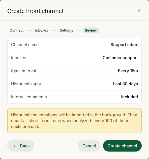 The Review step summarising the channel before it is created