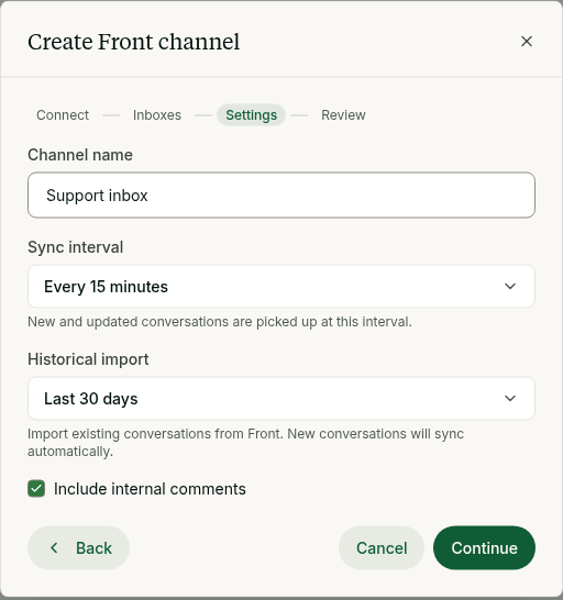 The Settings step: channel name, sync interval every 15 minutes, historical import of the last 30 days, and internal comments included