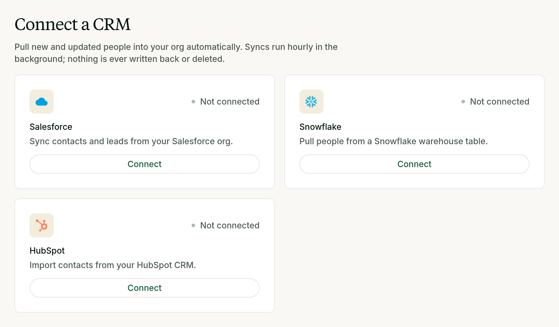 The Connect a CRM section on People → Import, with the HubSpot card not connected yet