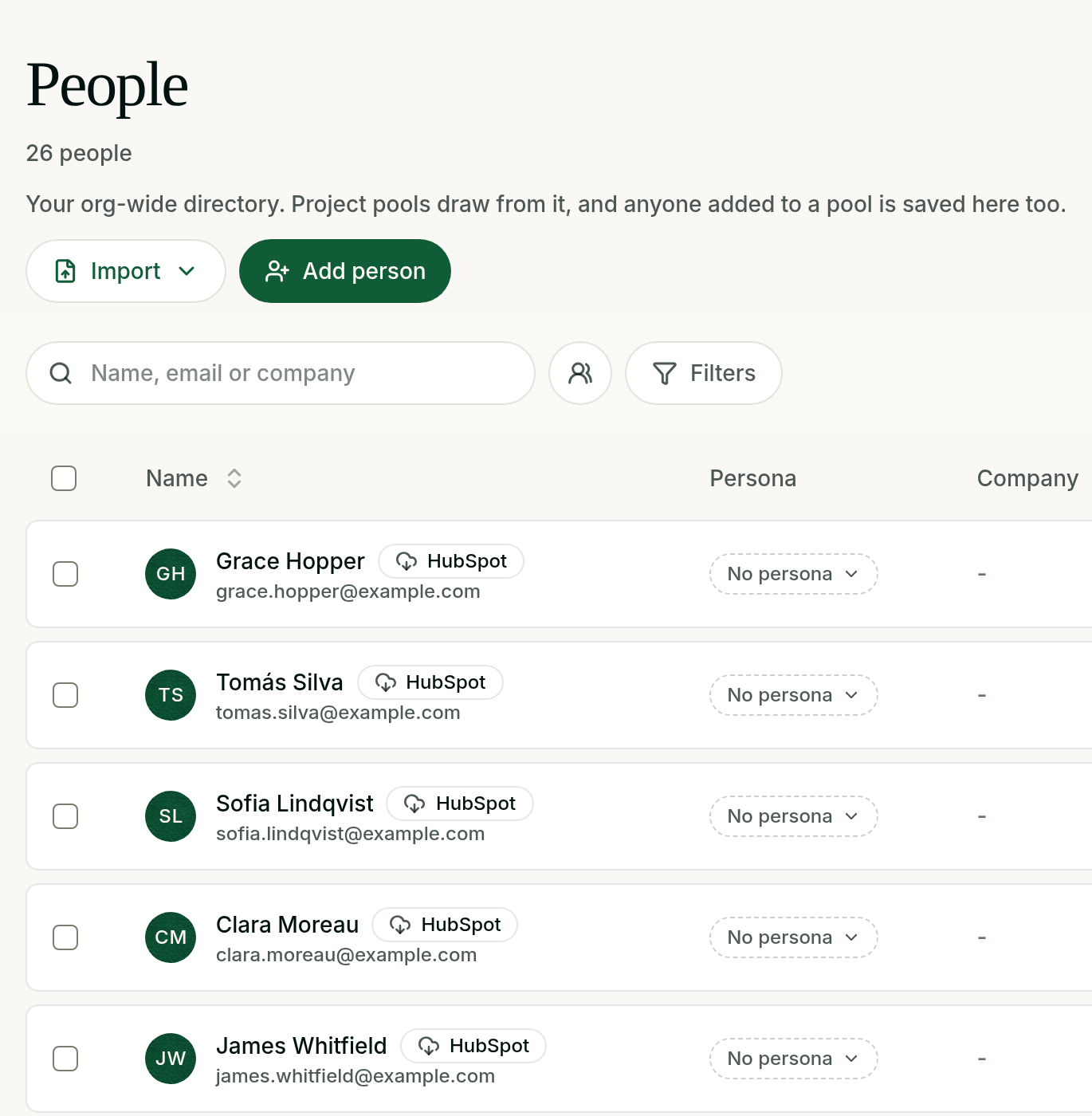 The People list in Reos with contacts imported from HubSpot